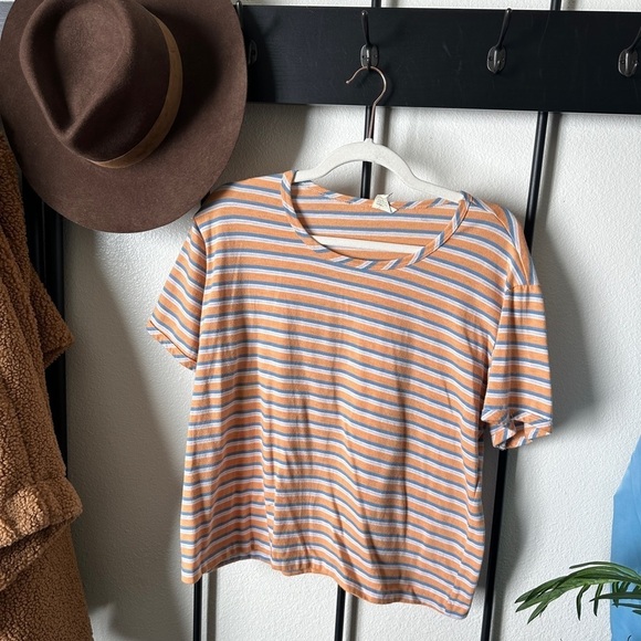 Vintage Tops - Vintage 1970s orange blue stripe ringer style boxy women’s T-shirt shirt top